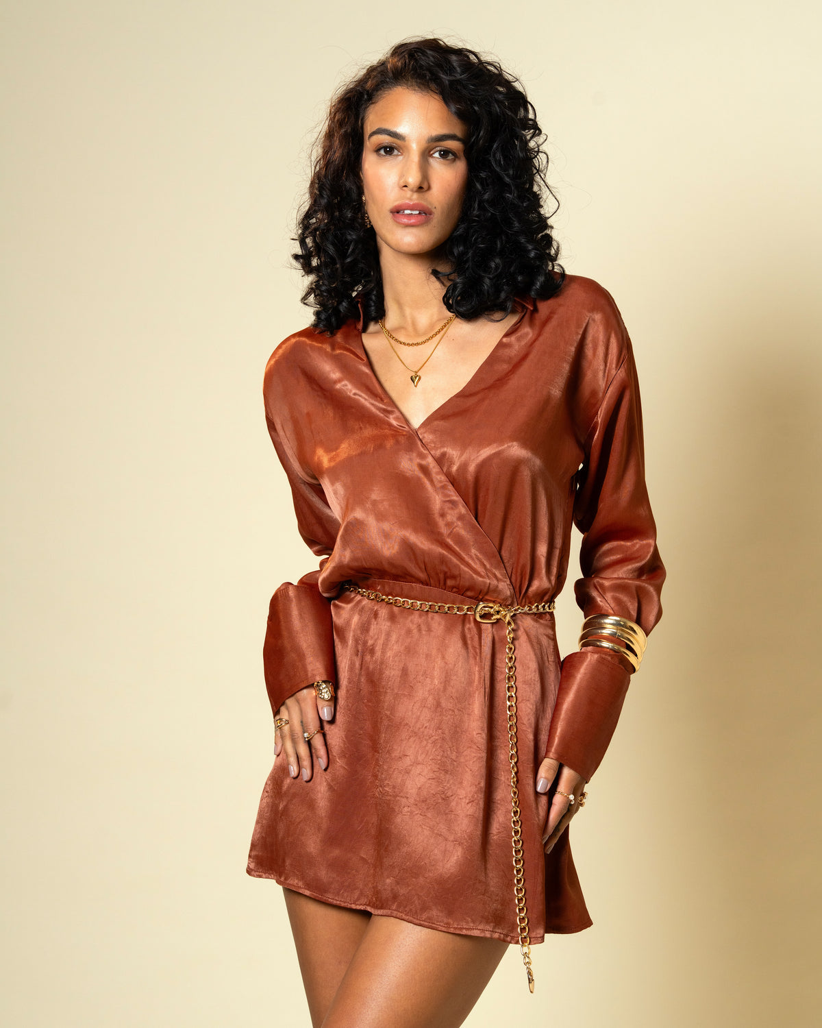 Bronze Spell Rich Brown Premium Satin Wrap Style Dress with Gold Chain Belt