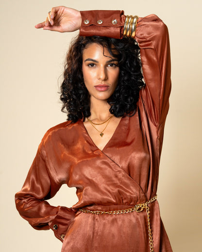 Bronze Spell Rich Brown Premium Satin Wrap Style Dress with Gold Chain Belt