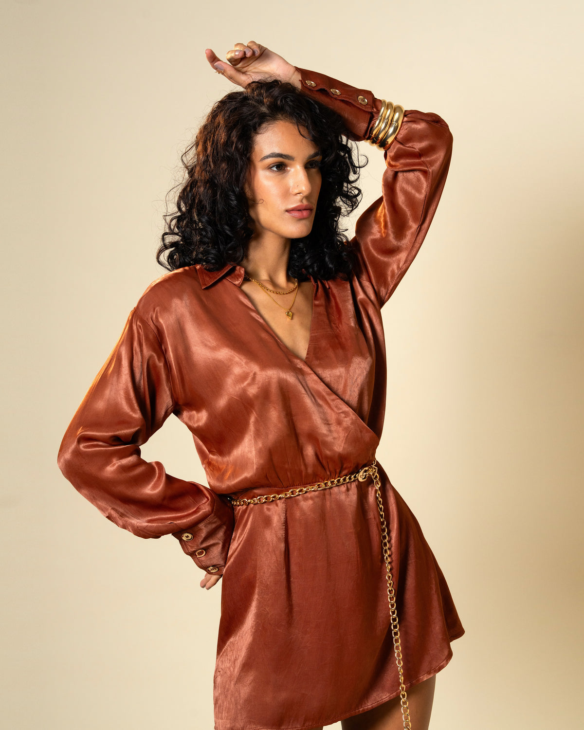 Bronze Spell Rich Brown Premium Satin Wrap Style Dress with Gold Chain Belt