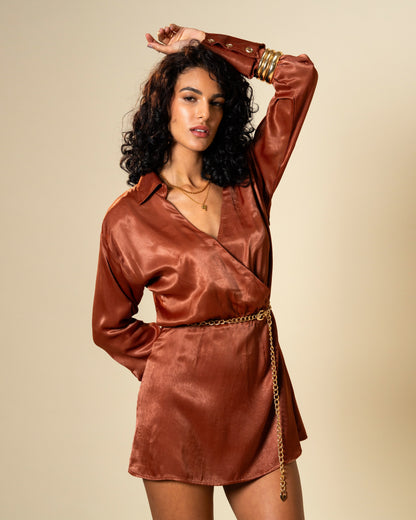 Bronze Spell Rich Brown Premium Satin Wrap Style Dress with Gold Chain Belt