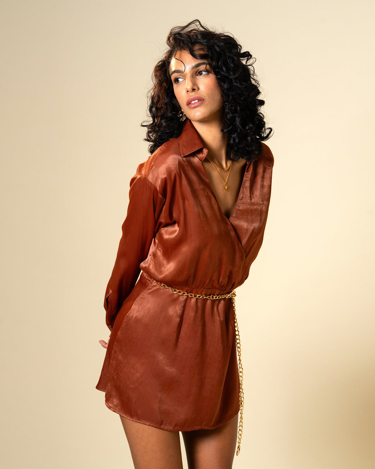 Bronze Spell Rich Brown Premium Satin Wrap Style Dress with Gold Chain Belt