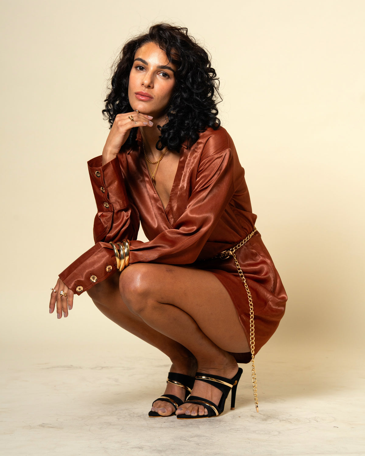 Bronze Spell Rich Brown Premium Satin Wrap Style Dress with Gold Chain Belt