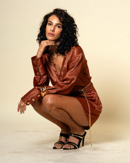 Bronze Spell Rich Brown Premium Satin Wrap Style Dress with Gold Chain Belt