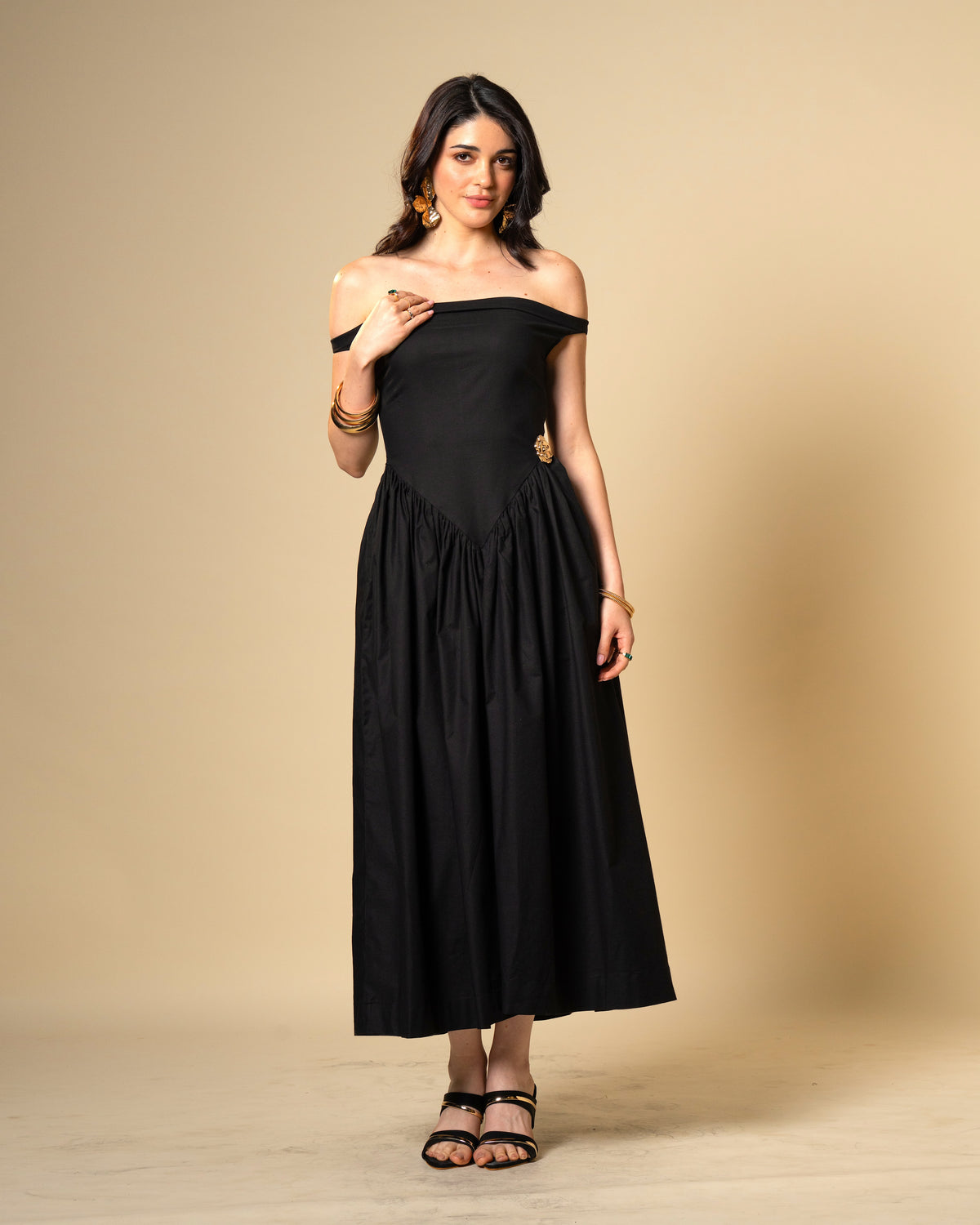 Black Petal Off-Shoulder Drop Waist Midi Dress