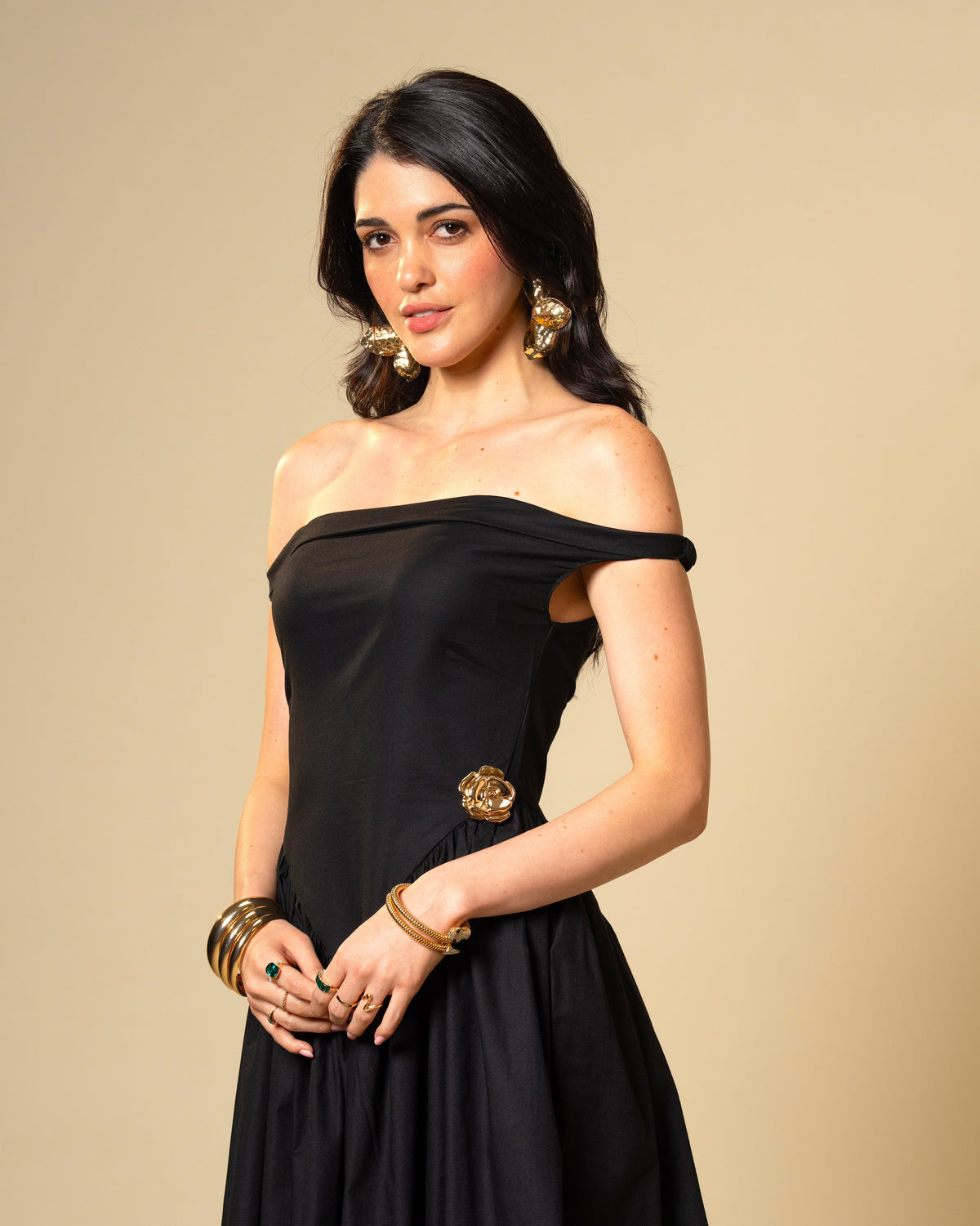 Black Petal Off-Shoulder Drop Waist Midi Dress