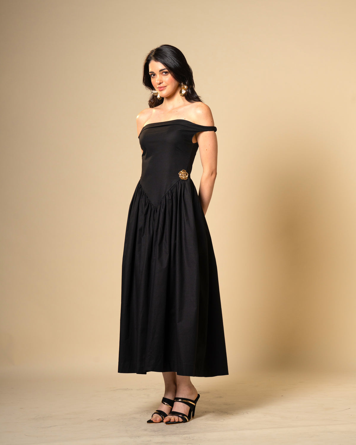 Black Petal Off-Shoulder Drop Waist Midi Dress