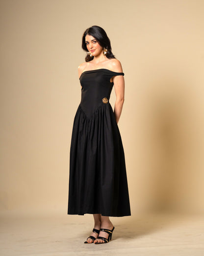Black Petal Off-Shoulder Drop Waist Midi Dress