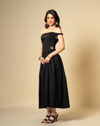 Black Petal Off-Shoulder Drop Waist Midi Dress