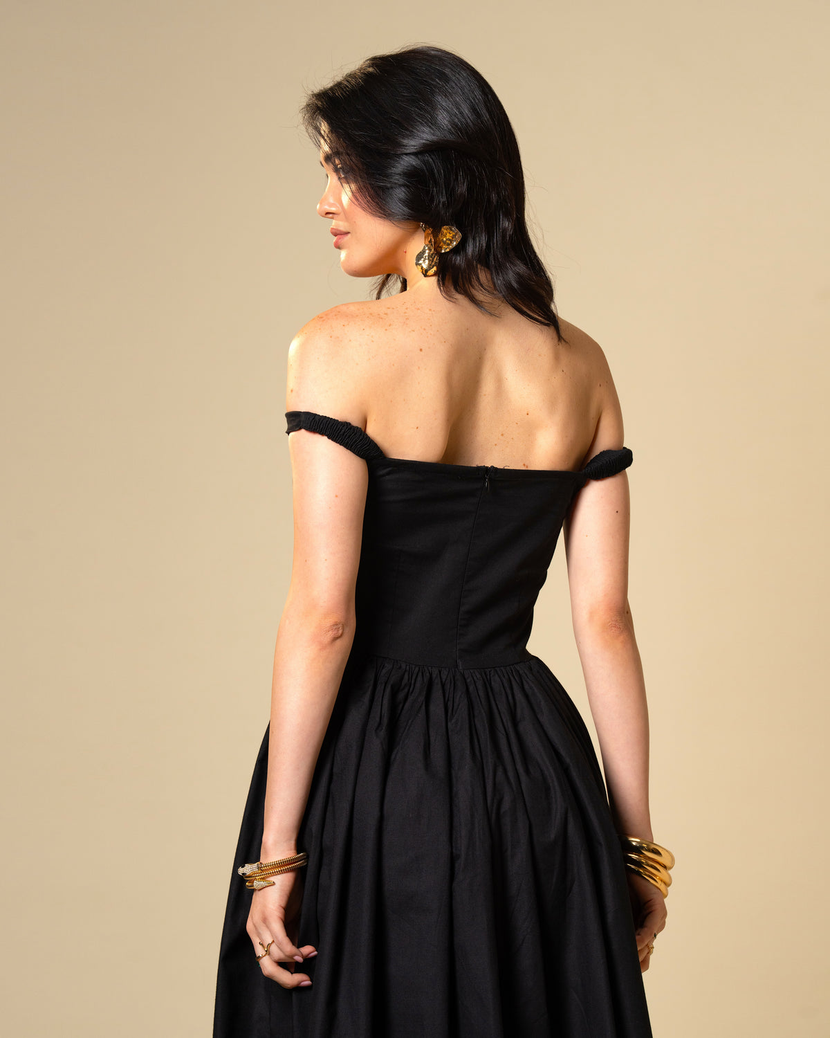 Black Petal Off-Shoulder Drop Waist Midi Dress