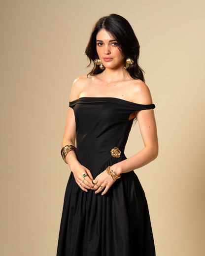 Black Petal Off-Shoulder Drop Waist Midi Dress