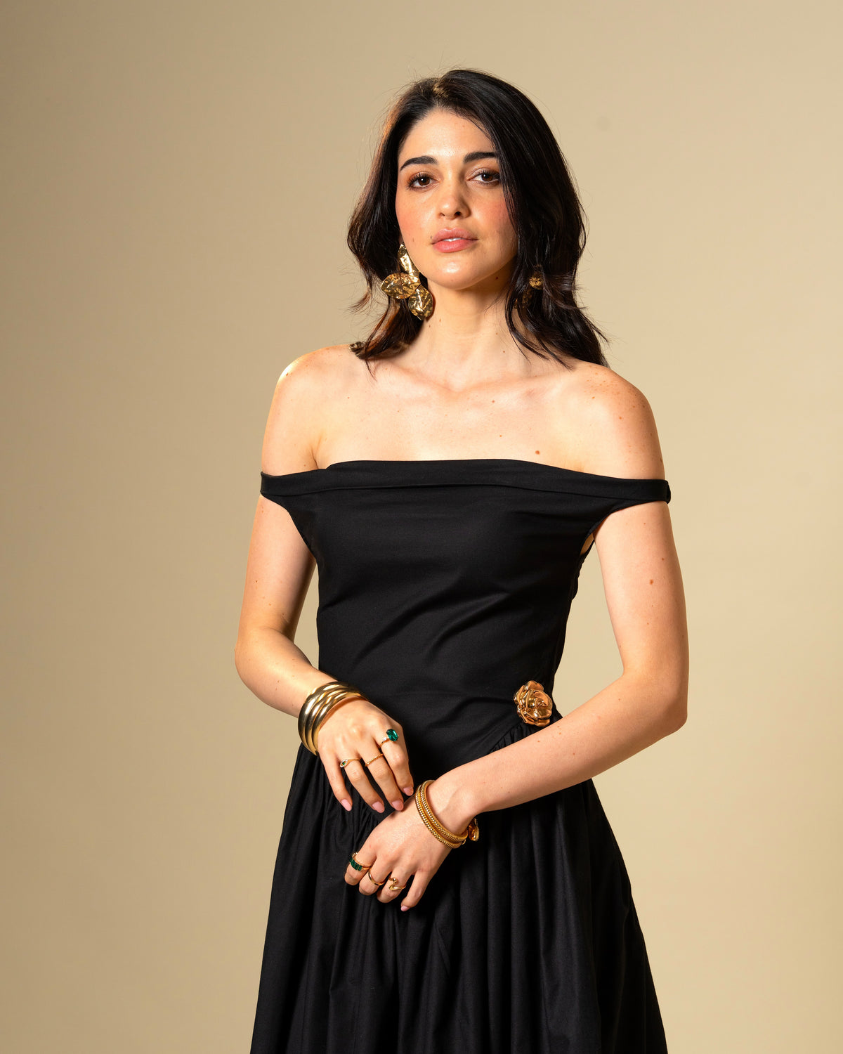 Black Petal Off-Shoulder Drop Waist Midi Dress