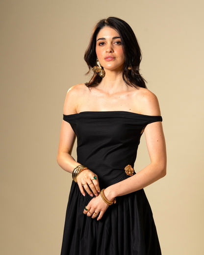 Black Petal Off-Shoulder Drop Waist Midi Dress