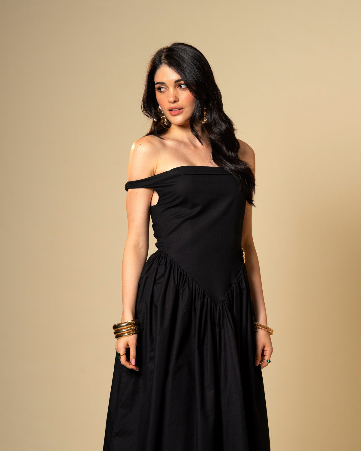 Black Petal Off-Shoulder Drop Waist Midi Dress
