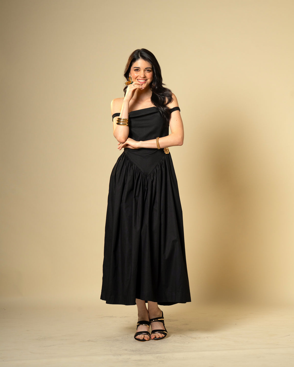 Black Petal Off-Shoulder Drop Waist Midi Dress