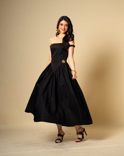 Black Petal Off-Shoulder Drop Waist Midi Dress