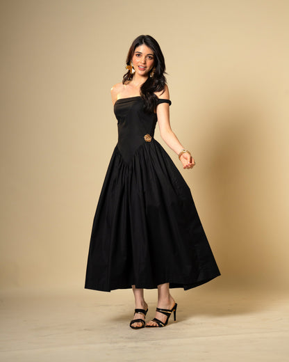 Black Petal Off-Shoulder Drop Waist Midi Dress