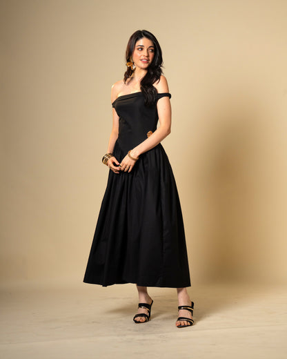 Black Petal Off-Shoulder Drop Waist Midi Dress