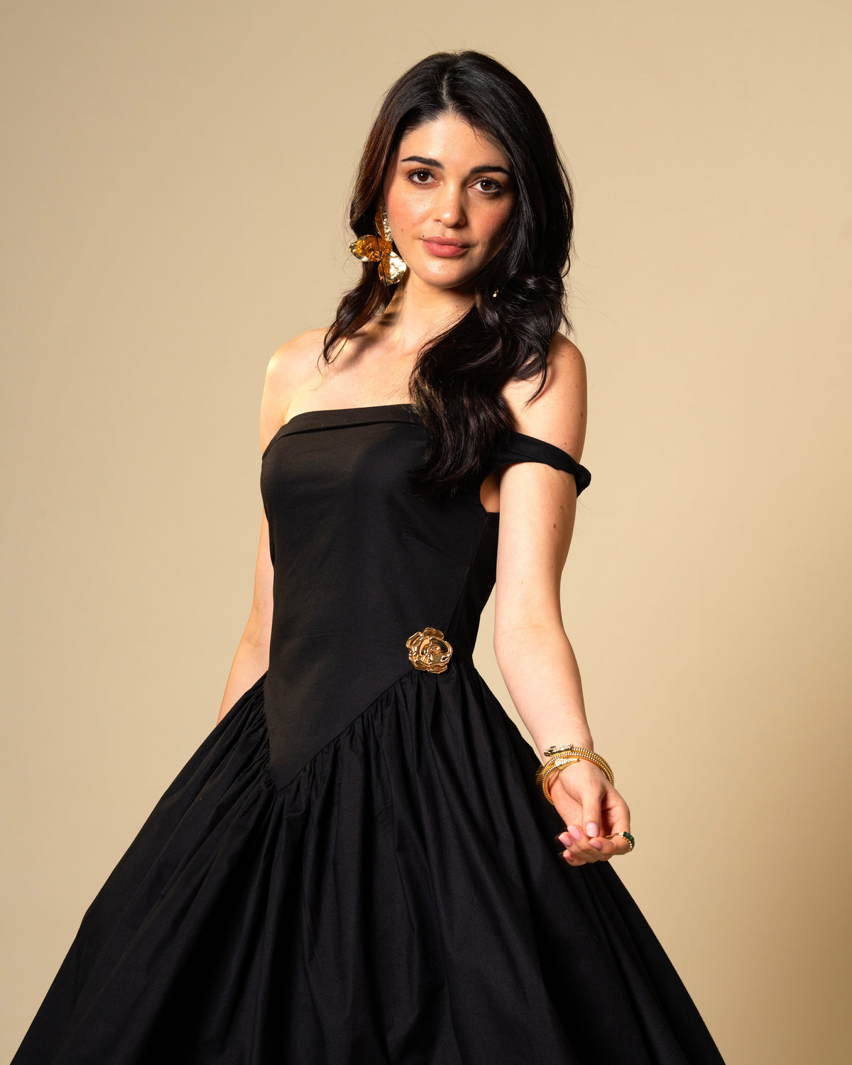 Black Petal Off-Shoulder Drop Waist Midi Dress