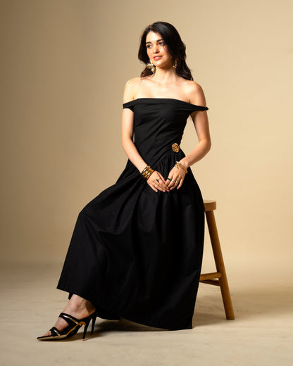 Black Petal Off-Shoulder Drop Waist Midi Dress