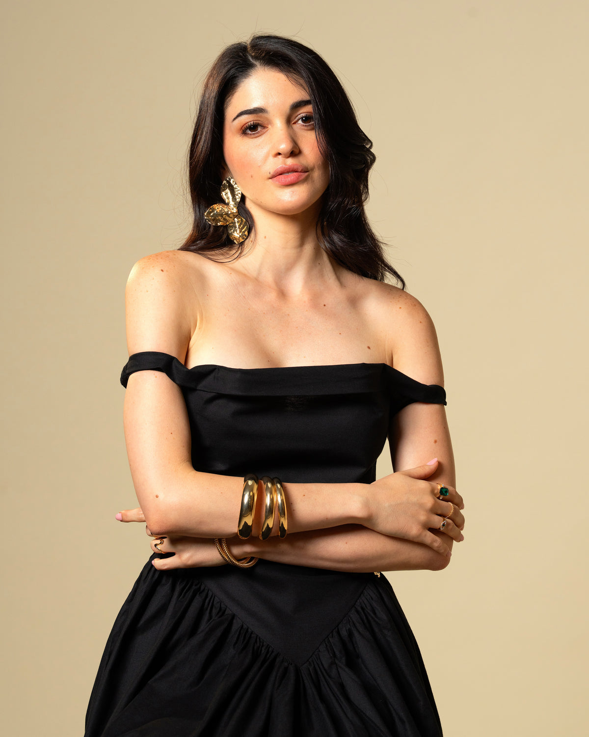 Black Petal Off-Shoulder Drop Waist Midi Dress