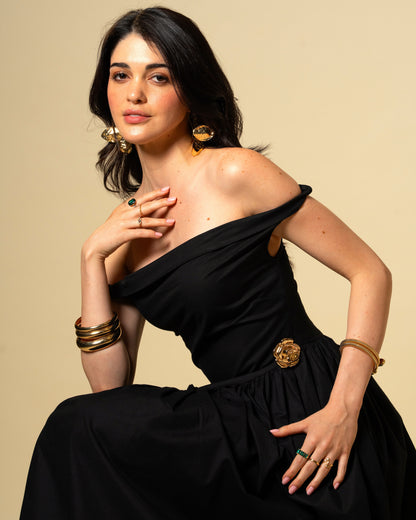 Black Petal Off-Shoulder Drop Waist Midi Dress