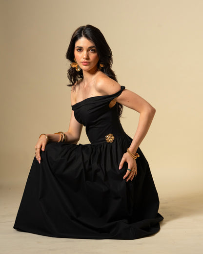 Black Petal Off-Shoulder Drop Waist Midi Dress
