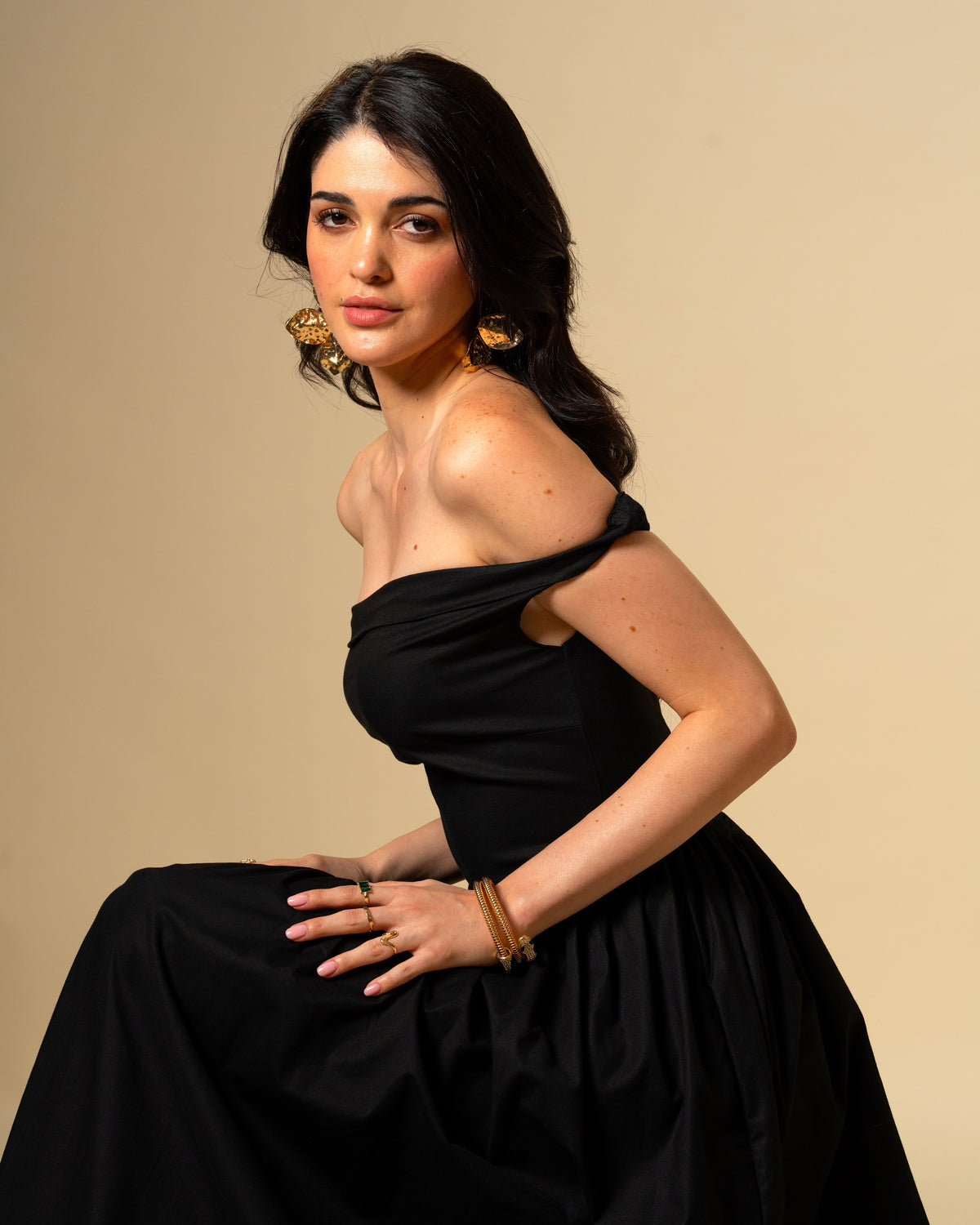 Black Petal Off-Shoulder Drop Waist Midi Dress