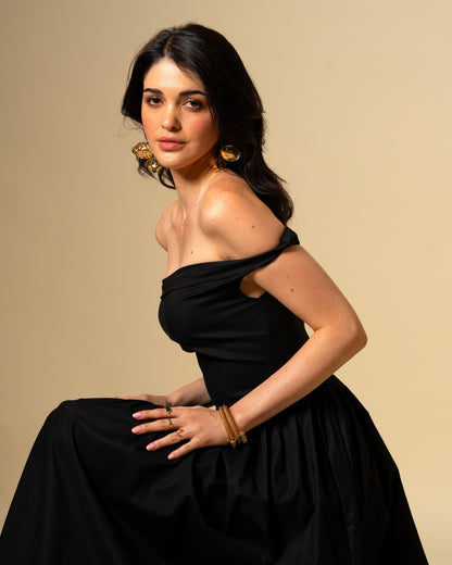 Black Petal Off-Shoulder Drop Waist Midi Dress