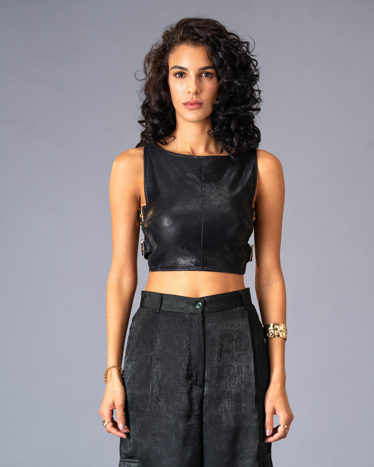 Shadow State Black Faux Leather Top and Brushed Satin Cargo Trousers Co-Ord Set
