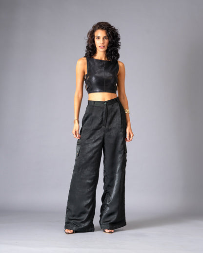 Shadow State Black Faux Leather Top and Brushed Satin Cargo Trousers Co-Ord Set