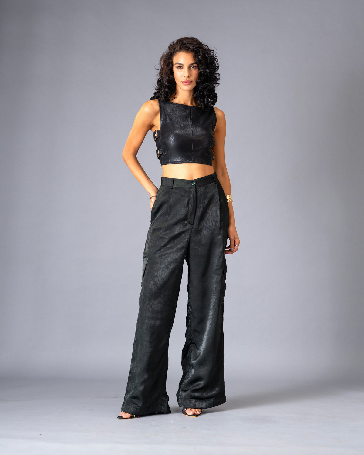 Shadow State Black Faux Leather Top with Power Mesh and Gold Buckle Detail