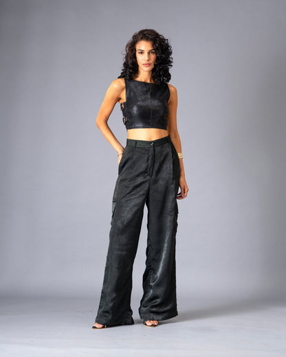 Shadow State Black Faux Leather Top with Power Mesh and Gold Buckle Detail