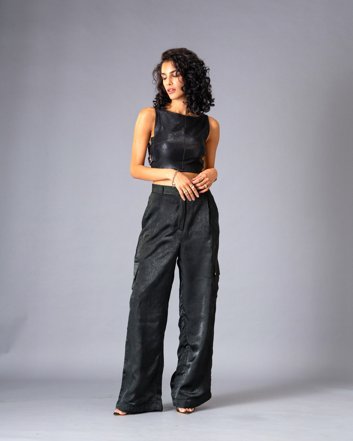 Shadow State Black Faux Leather Top with Power Mesh and Gold Buckle Detail