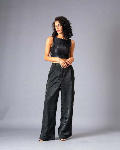 Shadow State Black Faux Leather Top with Power Mesh and Gold Buckle Detail