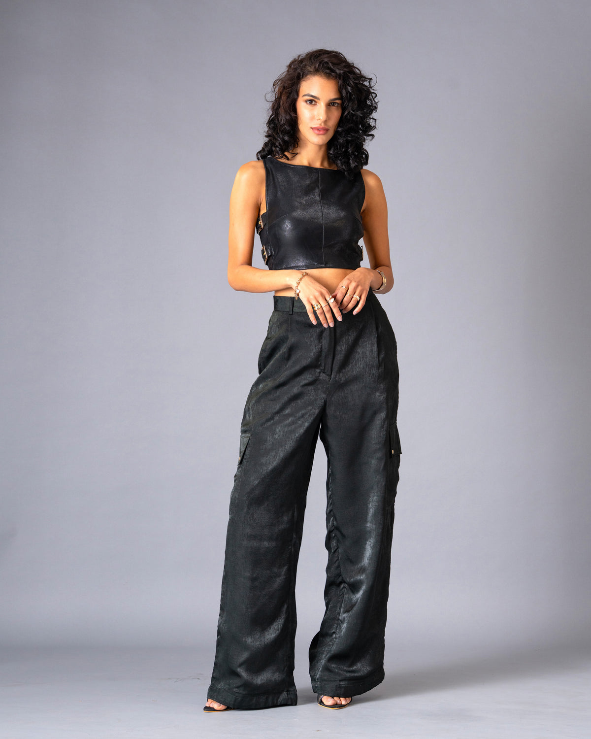 Shadow State Black Faux Leather Top and Brushed Satin Cargo Trousers Co-Ord Set