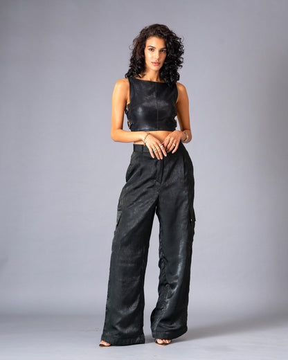 Shadow State Black Faux Leather Top and Brushed Satin Cargo Trousers Co-Ord Set