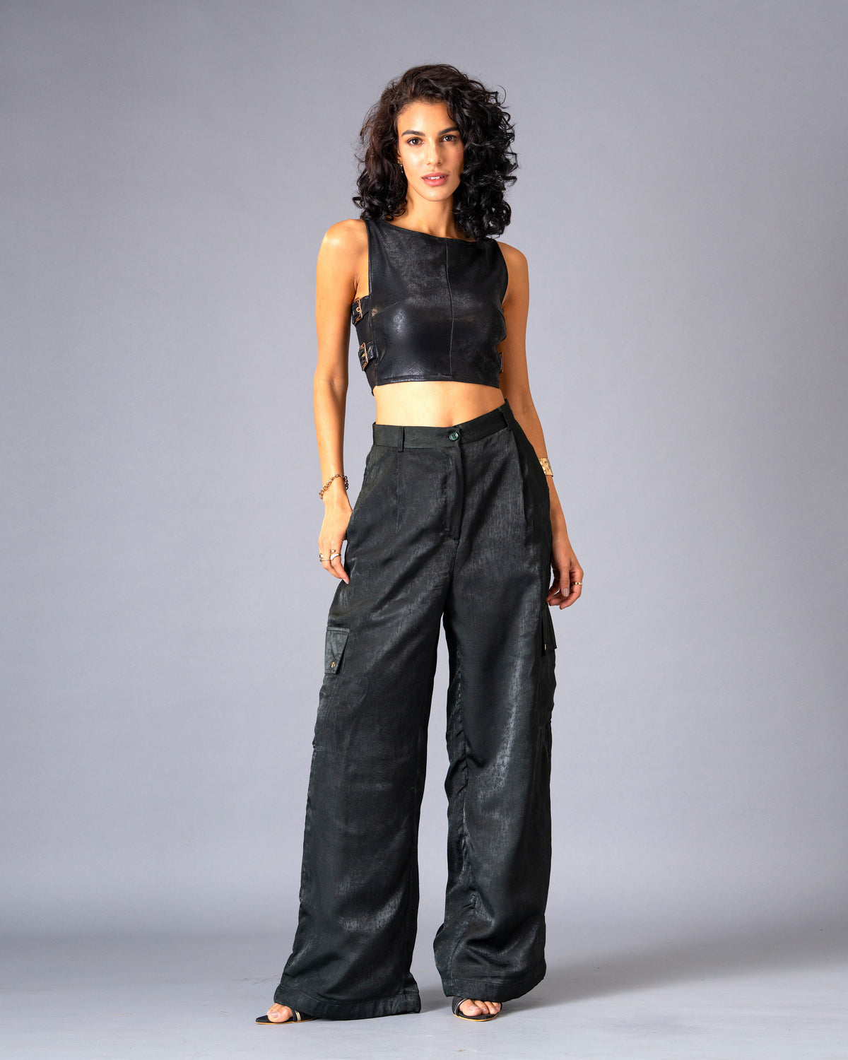 Shadow State Black Faux Leather Top and Brushed Satin Cargo Trousers Co-Ord Set