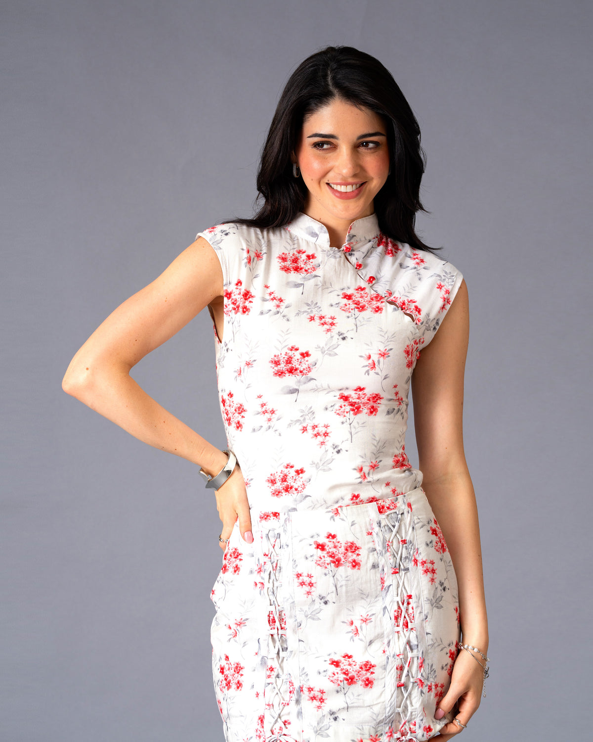 Secret Bloom Floral Rayon Top with Mandarin Collar