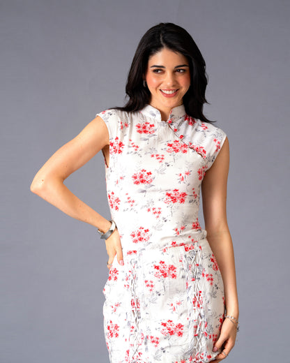Secret Bloom Floral Rayon Top with Mandarin Collar