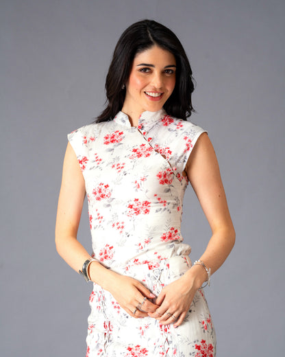Secret Bloom Floral Rayon Top with Mandarin Collar