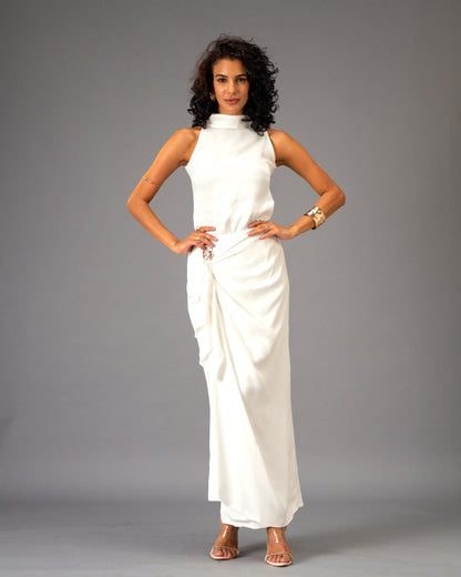 Silken Armour White Draped Maxi Skirt with Gold Detail