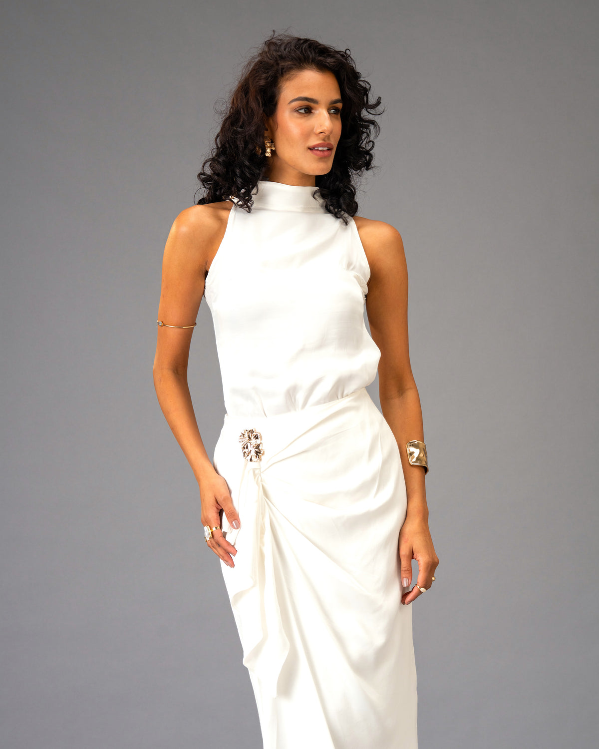 Silken Armour White Draped Maxi Skirt with Gold Detail