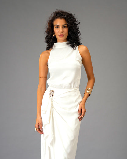 Silken Armour White Draped Maxi Skirt with Gold Detail