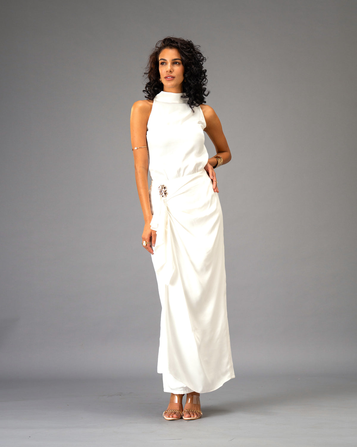 Silken Armour White Draped Maxi Skirt with Gold Detail