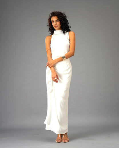 Silken Armour White Draped Maxi Skirt with Gold Detail