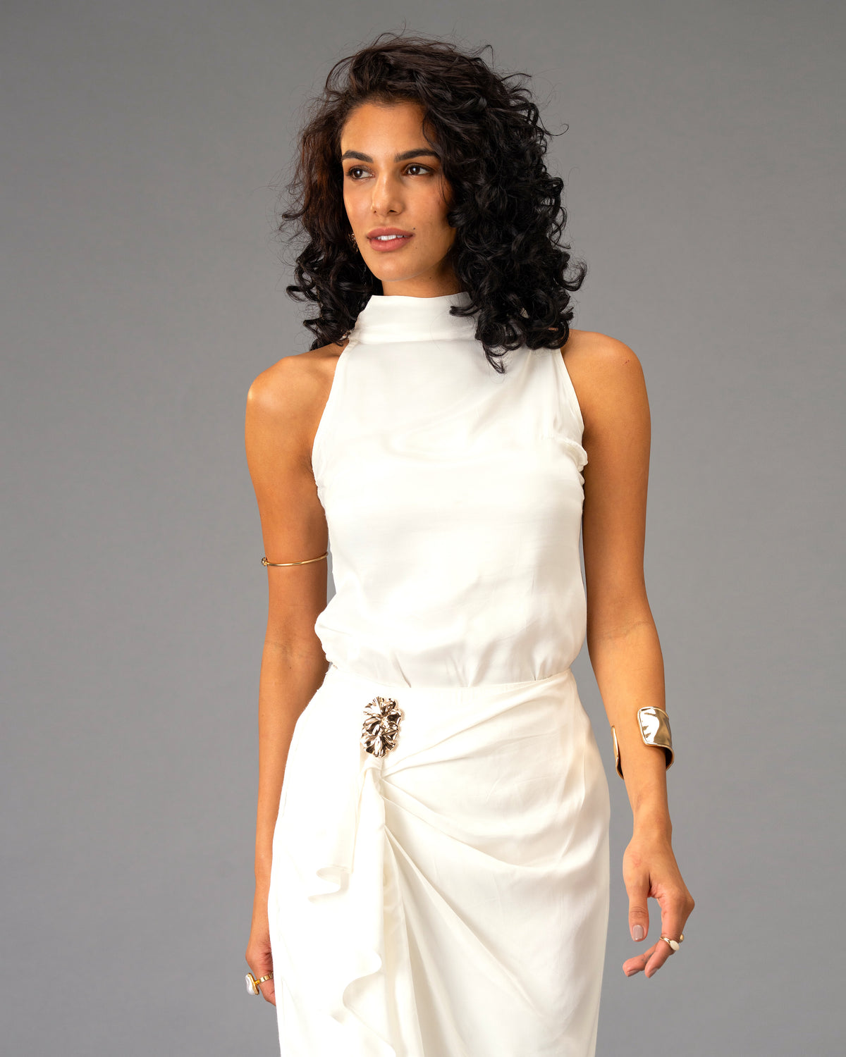 Silken Armour White Draped Maxi Skirt with Gold Detail
