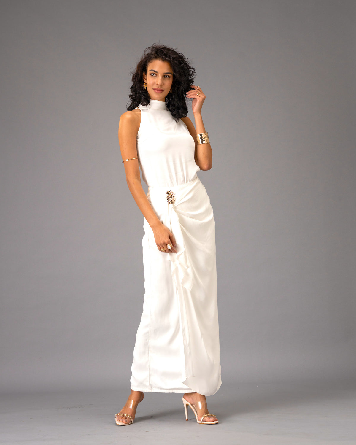 Silken Armour White Draped Maxi Skirt with Gold Detail