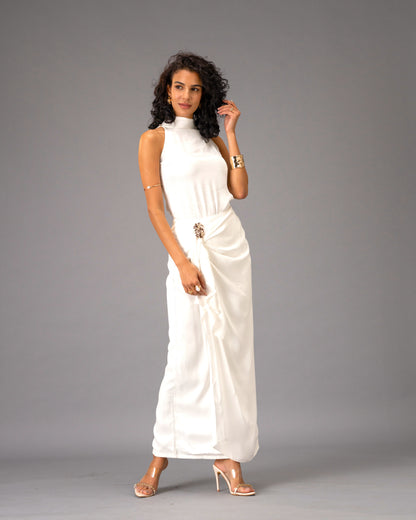Silken Armour White Draped Maxi Skirt with Gold Detail
