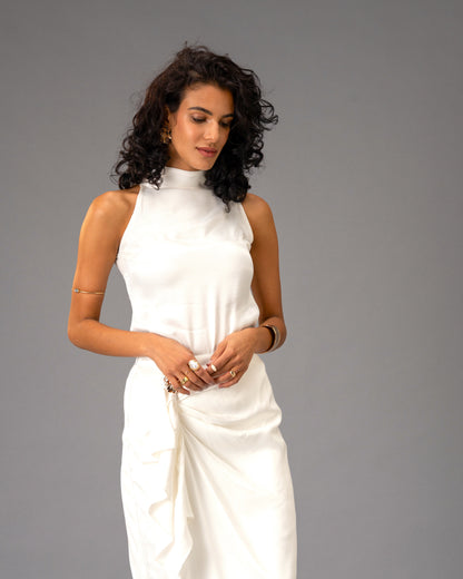 Silken Armour White Draped Maxi Skirt with Gold Detail