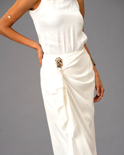 Silken Armour White Draped Maxi Skirt with Gold Detail